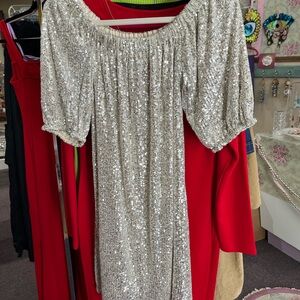 VENUS Golden Champagne Sequin Off-Shoulder Tunic Dress